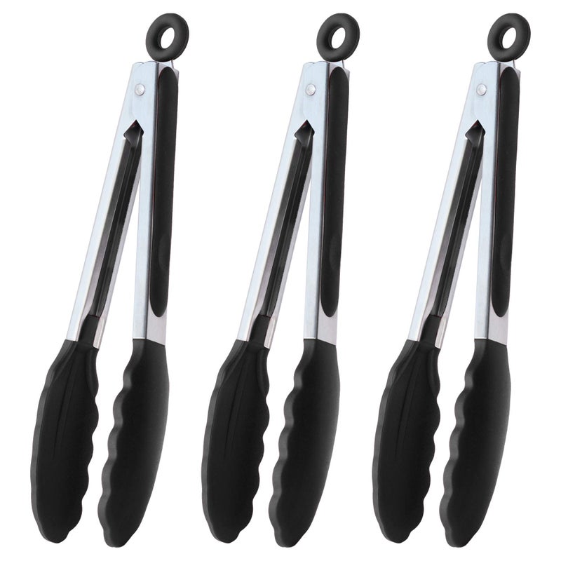 HINMAY Serving Tongs 9-Inch Cooking Tongs with Silicone Tips, Set of 3 (Black) - Image 1